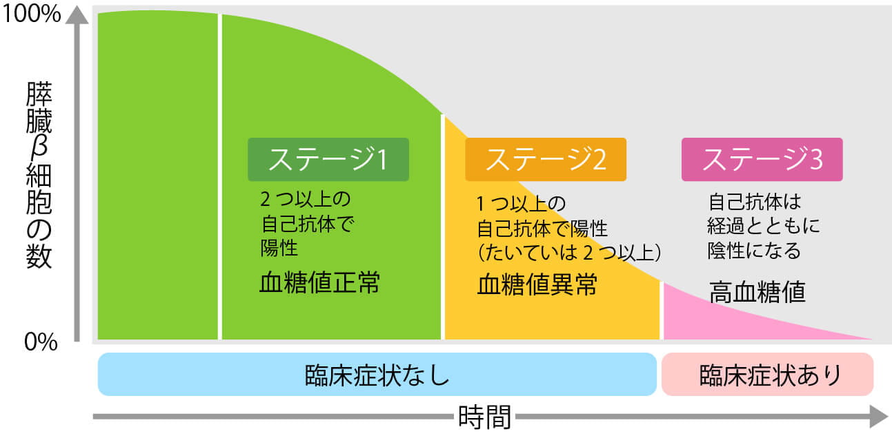 膵臓の細胞に関連する複数の自己抗体や血糖値の測定結果から1型糖尿病のステージを判断する図